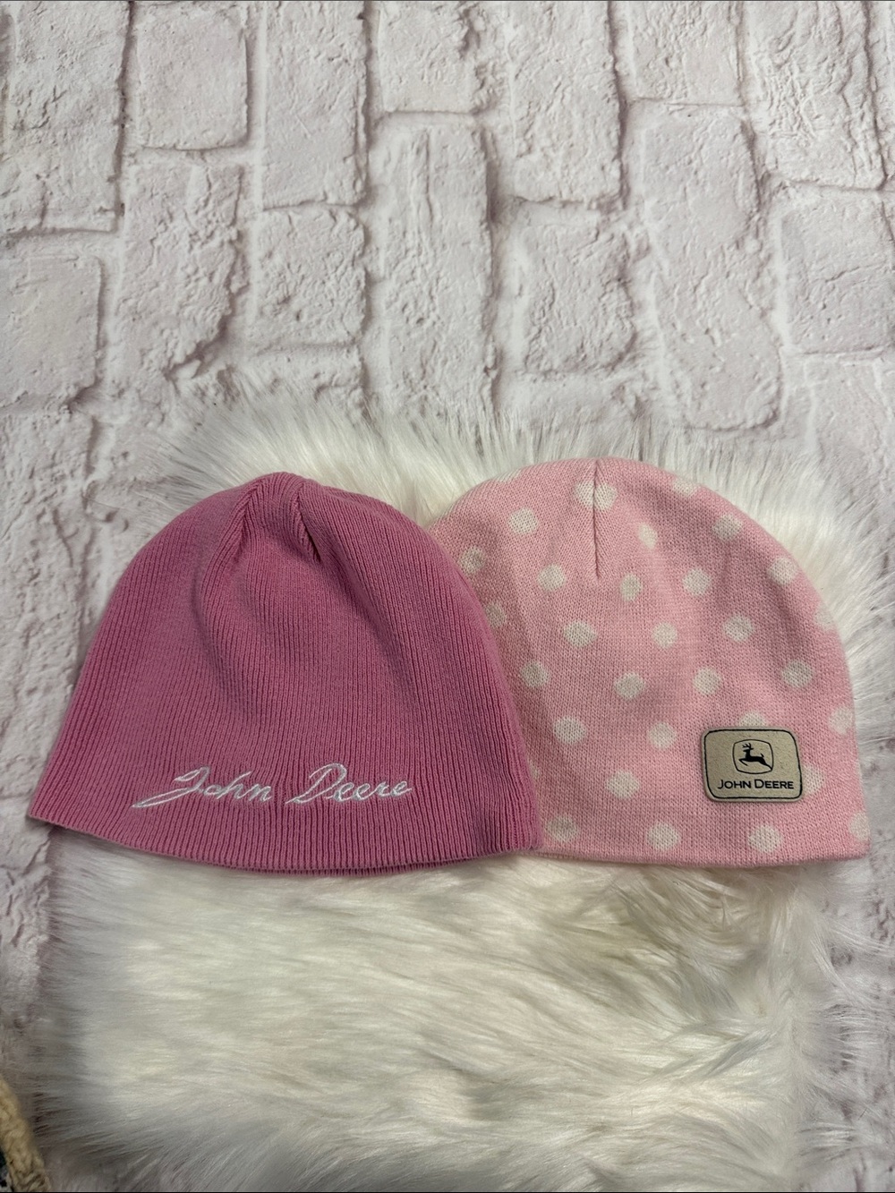 Two John Deere Pink Beanie Hats - Polka Dot & one Pink with Script